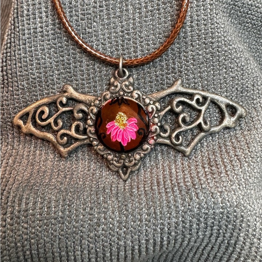 Hand painted gothic batwing pendant necklace